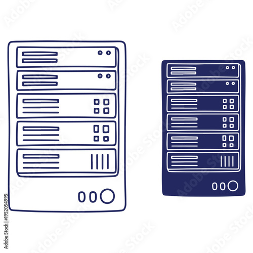 Server room infrastructure showing two rack servers for data processing and network operations in a datacenter environment