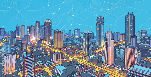 City skyline at night with lights and buildings in a busy urban area in a modern setting