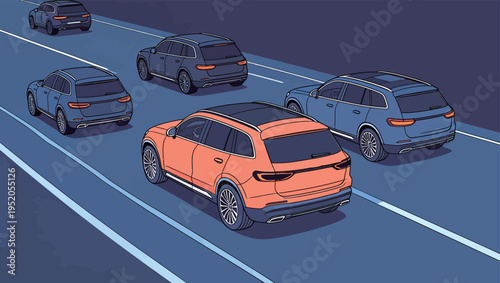 Cars drive on a road with one orange car in the center and three other cars on either side during the evening
