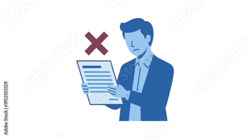 Businessman looks at document with warning decline symbol indicating rejection or error