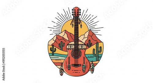 Vibrant guitar with desert landscape and sunset background symbolizing music and travel