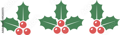 Set of Christmas holly berry vector illustrations with green leaves and red fruit for holiday decoration and winter patterns.
