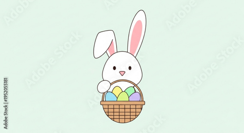 Cute white easter bunny holding colorful eggs in a basket on pastel background
