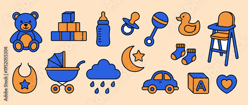 Childhood Essentials: A delightful collection of essential items for a baby, including a cuddly teddy bear, building blocks, feeding bottle, pacifier, and more.