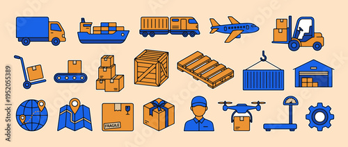 Logistics and Transportation Icons: A vibrant collection of stylized icons representing various modes of transport and logistical elements, illustrating the intricate web of global supply chains.