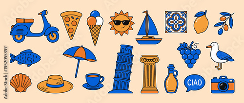 Italian Summer: A vibrant collection of Italian-themed illustrations, showcasing the country's iconic elements in a bright and inviting style. 