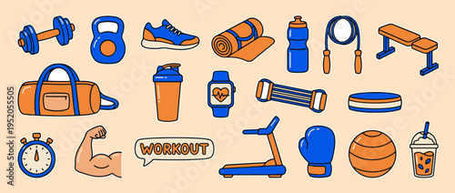 Fitness Gear Collection: An array of vibrant fitness equipment, essential for any workout session, arranged to inspire and motivate a healthy lifestyle. 