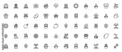 Plants icon set. Vector plant collection including cactus, flower, grass, orchid, sunflower, tree, leaf and more. Minimalist nature symbols.