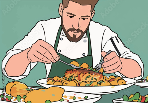 Chef preparing a gourmet meal with focus on plating and presentation at a restaurant kitchen