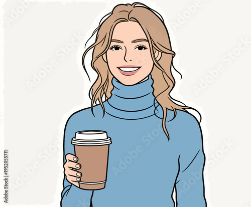 Woman holding coffee cup smiles while wearing a light blue sweater in a simple indoor setting during daytime