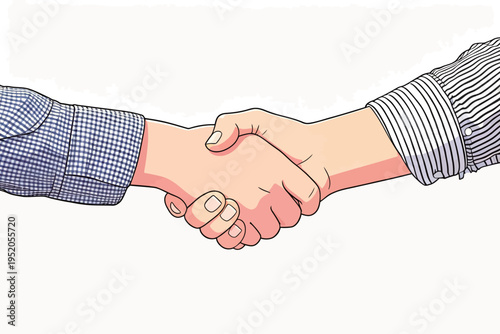 Two hands shake to show agreement or friendship while one person wears a checkered shirt and the other wears a striped shirt in a simple setting