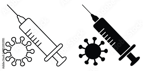 bold coronavirus vaccine icon, syringe and covid symbol illustration in minimal silhouette style, vector graphic suitable for healthcare, medical, and public health design projects.