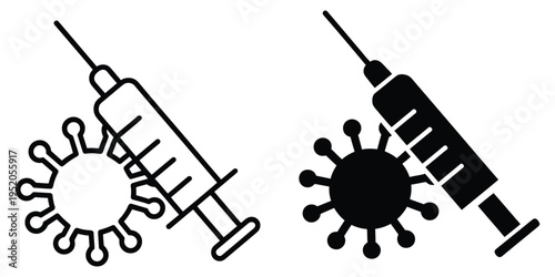 bold coronavirus vaccine icon, syringe and covid symbol illustration in minimal silhouette style, vector graphic suitable for healthcare, medical, and public health design projects.