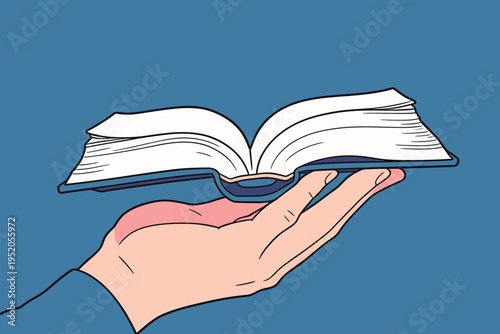 Hand holding an open book with a blue background creating a simple image about reading and learning
