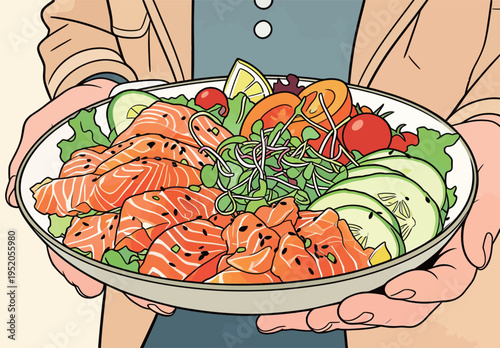 Delicious salmon salad with fresh vegetables served on a plate by a person in a casual setting at lunch time