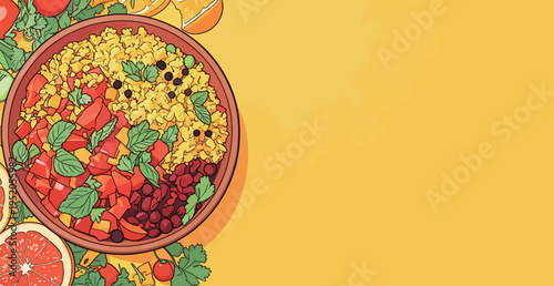 Colorful bowl of rice and beans with vegetables and fruits on a yellow background during a bright day in a kitchen setting