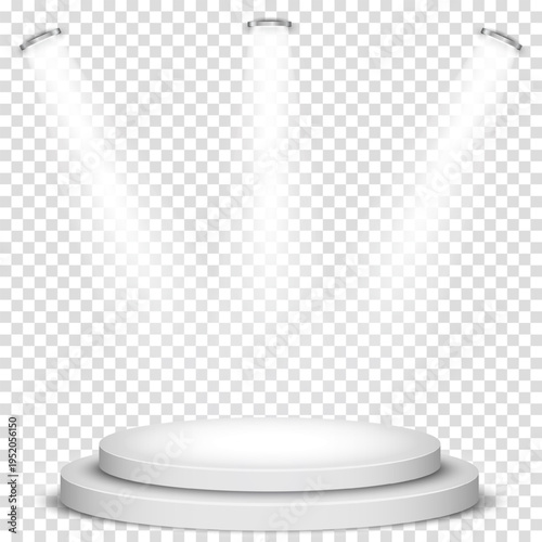 White round winner podium on gray background. Stage with studio lights for awards ceremony. spotlights illuminate. Vector illustration.