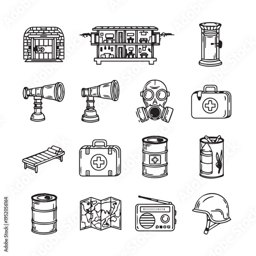 Survival Kit Items Collection Black and White Line Art Icons
