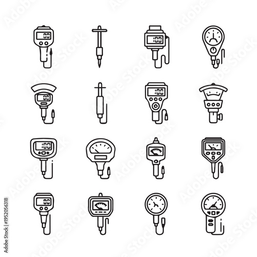 Tire Pressure Gauge Icons Collection Digital and Analog Gauges Set