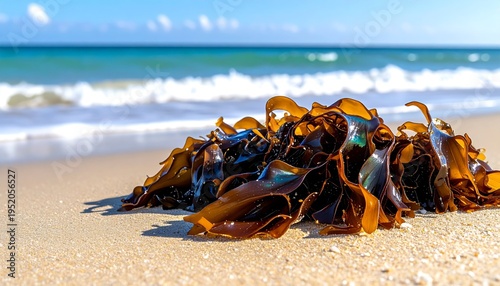 Wet Seaweed Washed Ashore on Sandy Beach Near Ocean Waves