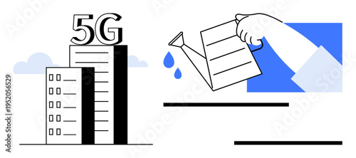 Watering can pouring drops onto a high-rise with 5G text, symbolizing nurturing innovation and connectivity. Ideal for technology, growth strategy, networks, telecommunications, infrastructure