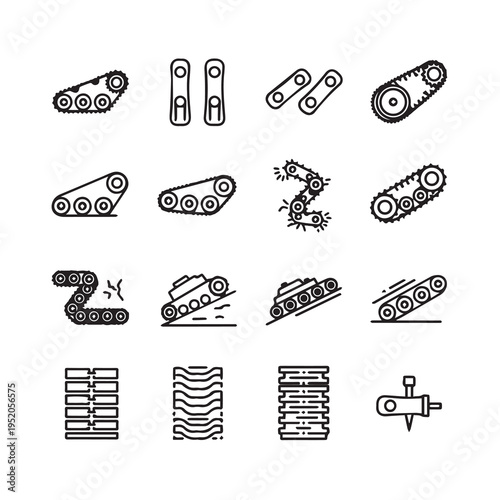 Tracked Vehicle Parts and Components Icons Set Line Art Style