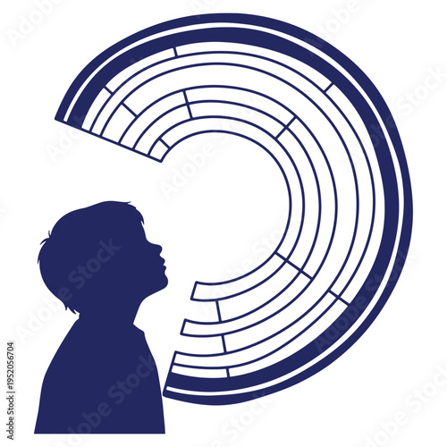 Young boy gazes upwards at a conceptual maze representing education and problem solving with a bright future ahead with infinite possibilities
