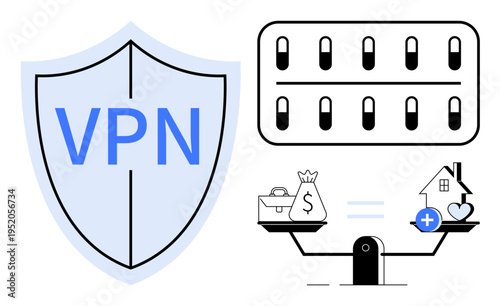 VPN technology. VPN safeguards online privacy and network security. VPN encrypts user data ensuring personal protection and anonymous browsing. Ideal for cybersecurity, finance, data privacy, remote