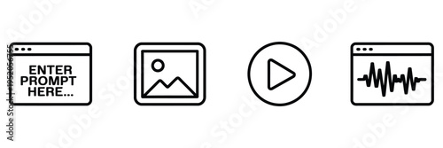 minimalist ai prompt window icons, simple outline and flat design symbols suitable for technical guides, tutorials, software documentation, and user interface illustrations.