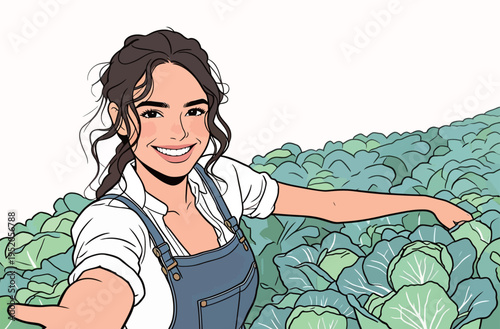Young woman enjoys her time in a cabbage field while taking a selfie during the daytime in a rural area