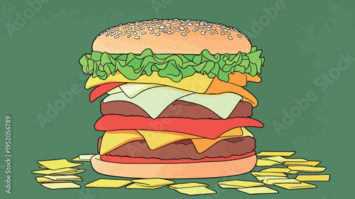 Burger with layers of cheese, lettuce, tomato, and meat served on a green background with scattered chips