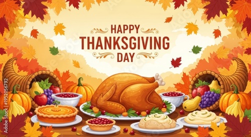 Wallpaper Mural Happy Thanksgiving Day celebration with festive autumn harvest featuring a roasted turkey, pies, fruits, and pumpkins, symbolizing gratitude and family gathering Torontodigital.ca