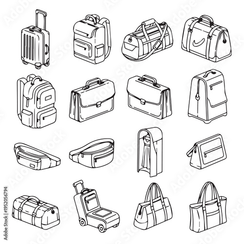 Variety of Bags and Luggage Collection Line Art Isometric View