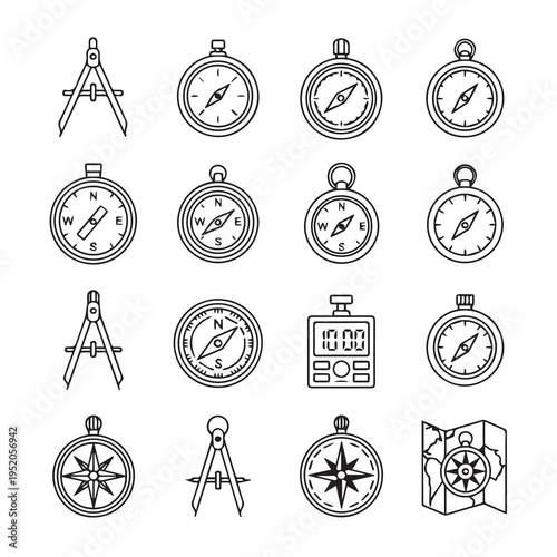 Various Compasses and Navigation Tools Collection Line Art Icons