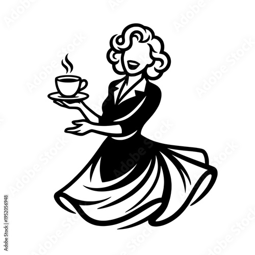 Waitress Serving Coffee Outline – Vintage Maid With Tray Black and White Vector