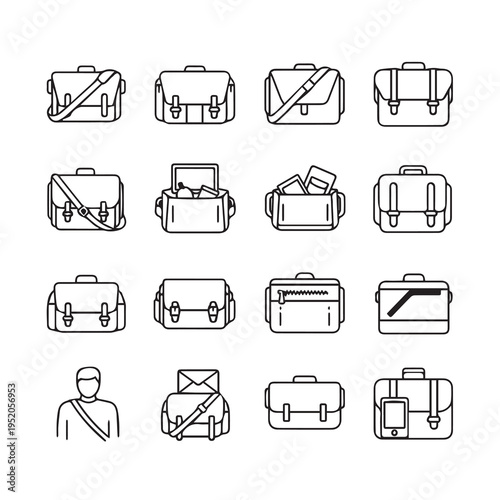 Various Briefcase and Messenger Bag Icons with Minimalist Line Art Style
