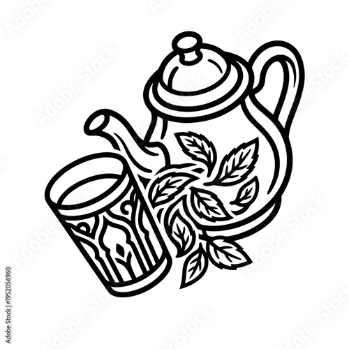 Teapot and Cup With Leaves Outline – Herbal Tea Black and White Vector Illustration