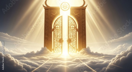 Wallpaper Mural Heavenly Gates Opening to Divine Light, Divine Entrance to Celestial Realm, Radiant Celestial Portal, Golden Doors in Clouds, Ethereal Ascent, Divine Transition Torontodigital.ca