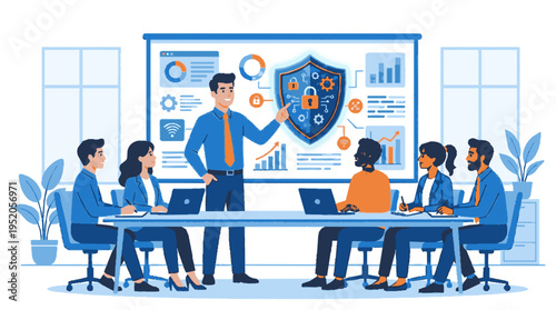 Business team discussing data privacy briefing in a meeting room with a shield on the screen
