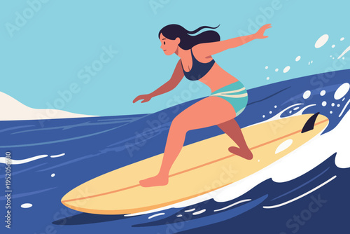 Illustration Of A Female Surfer Surfing In The Open Sea Vector Design Template