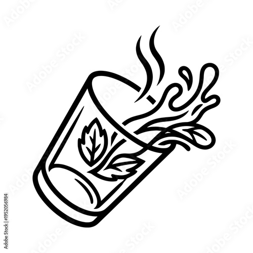 Spilled Herbal Tea Cup with Leaves Silhouette Vector Icon Hot Beverage Splash