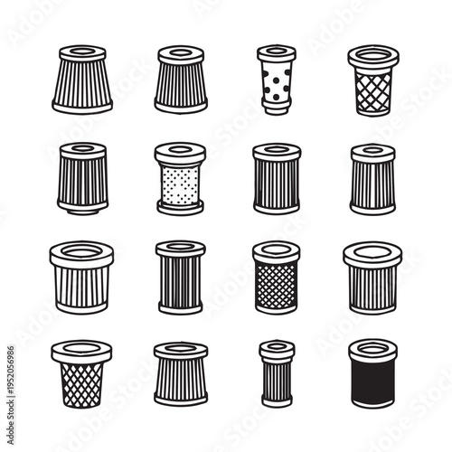 Various cylindrical air filter icons and elements technical illustration