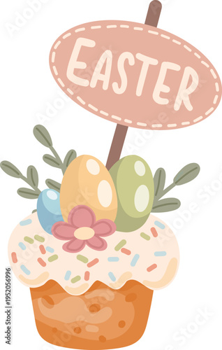 Cute Easter cake kulich with painted eggs and Easter sign board. Vector spring holiday illustration with willow branches and flowers for greeting cards