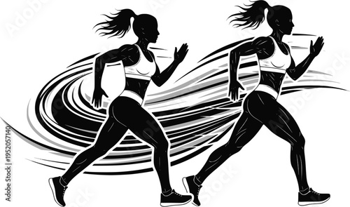 Strong athletic women running silhouette with dynamic speed trails, vector illustration. Design for marathon posters, fitness app interface, or gym wall decor. Transparent background EPS version.