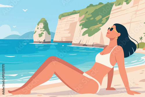 Illustration Of A Woman Wearing Sunglasses Sunbathing On The Beach Vector Design Template