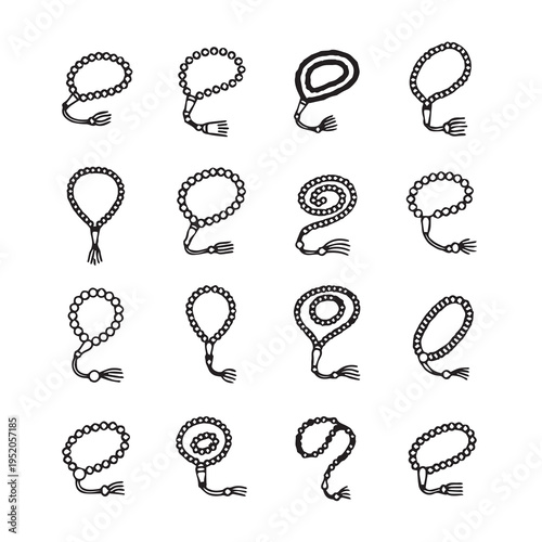 Various Islamic Prayer Beads Tasbih Collection Hand Drawn Iconography