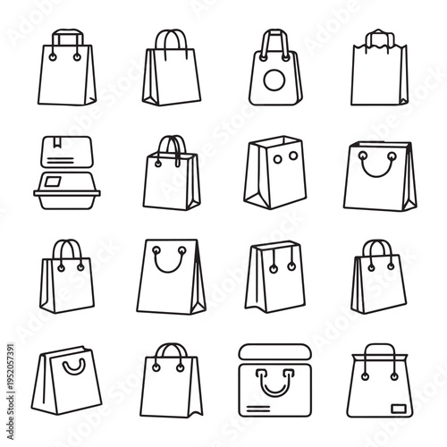 Various Shopping Bags and Packaging Icons in Outline Style