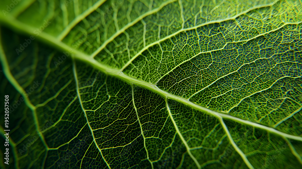 Fototapeta premium Macro Close Up of Green Leaf Veins and Intricate Botanical Cellular Structure