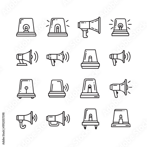 Warning Lights and Megaphone Icons Set Emergency Alert Symbols Communication Symbols