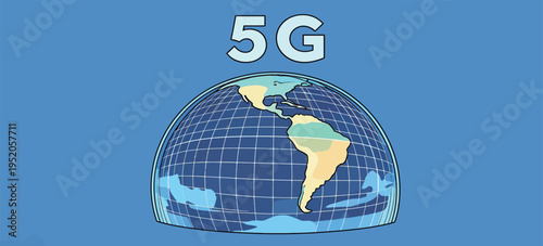 Global map with 5G label showing connection and communication across different regions of the world